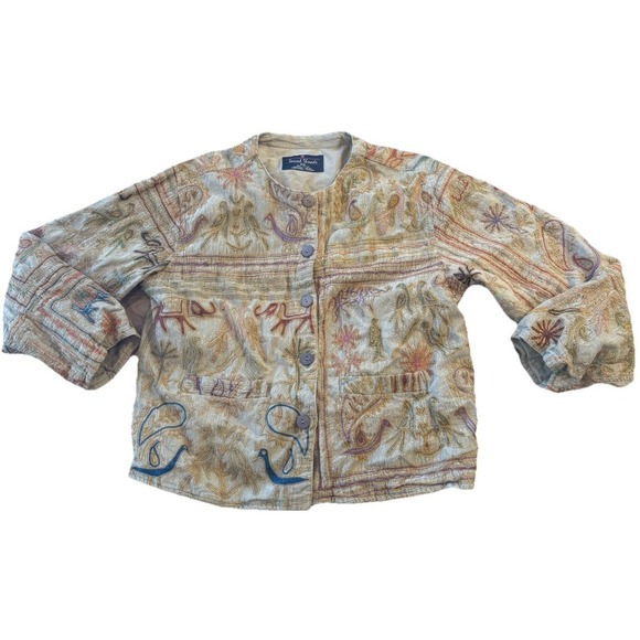 Sacred Threads Jackets & Blazers - Sacred Threads Embroidered Cotton Jacket India Boho Folk Art Bird Elephant S/M